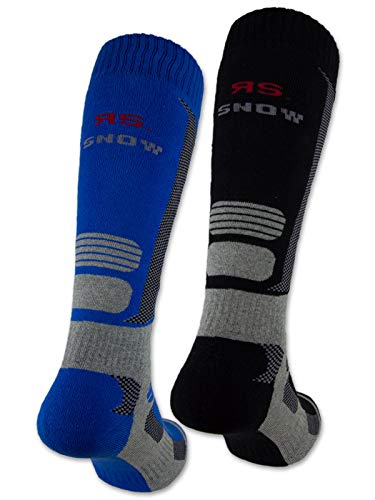 sockenkauf24 2 Pares de Calcetines de esquí y Snowboard, Calcetines térmicos de Rodilla para Hombres y Mujeres Transpirables con Acolchado Especial (Negro | Azul, 43-46)