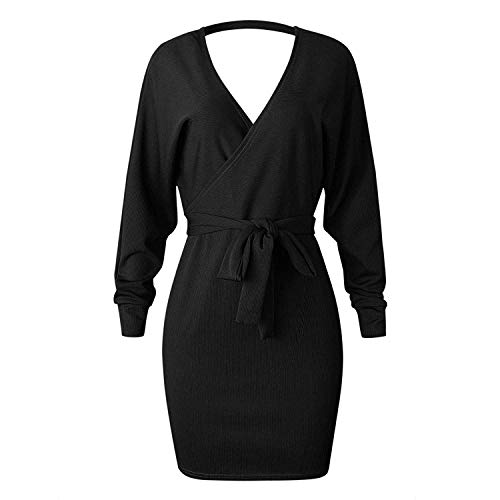 Socluer Vestido de Punto de Manga Larga de Invierno para Mujer con Cuello en V y Jersey cálido con Mini cinturón