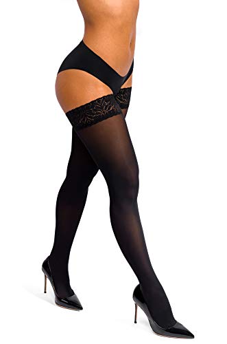 sofsy Encaje de Muslo Alto Opaco con sostenedor de Nylon, Pantyhose de Medias de Silicona Top 60 Den Negro Black 1/2 - X-Small/Small