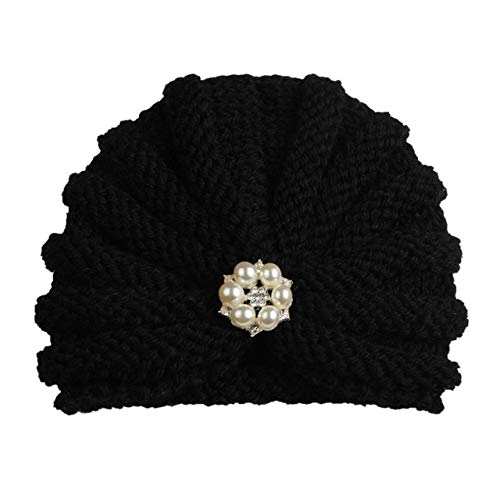 Sombrero de bebé de Invierno de Punto para niñas Color Caramelo Enfant Baby Beanie Turbante Sombreros Gorra de bebé recién Nacido para niños Accesorios -Black with Pearls