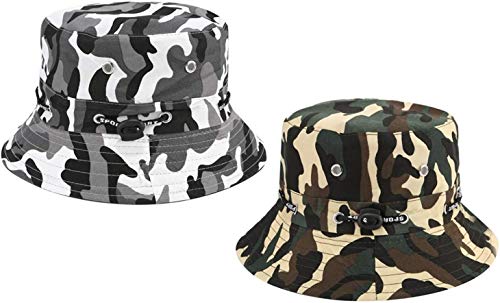 Sombrero de Pescador 56-58cm Algodón Suave y Tela de Poliéster Gorra de Sol Ancha a Prueba de Viento Unisex para Senderismo Camping Caza Viajar Pesca, Sombreros de Sol Ajustables, Camuflaje