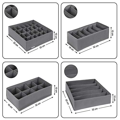 SONGMICS Organizador para Cajones con Compartimentos, Caja de Almacenaje Plegable, Organizador de Armario para Ropa Interior, Calcetines, Corbatas, Bufandas, Set de 6 Piezas, Gris RUS06GY