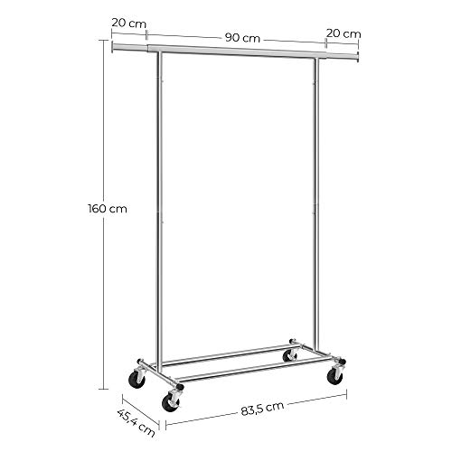 SONGMICS Tendedero con Ruedas, Soporte de Ropa Rodante, 90 kg de Carga, con Riel de Suspensión Extensible, Parte Inferior Abatible, Estante Inferior de Almacenamiento, Plata HSR13S