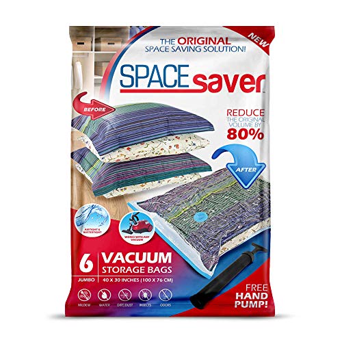 Space Saver - Bolsa de Almacenamiento al vacío Reutilizable, Extragrande, 6 Unidades, Cremallera Doble y válvula de Salida, Incluye Bomba de Viaje, incoloro, Jumbo - 6 Pack