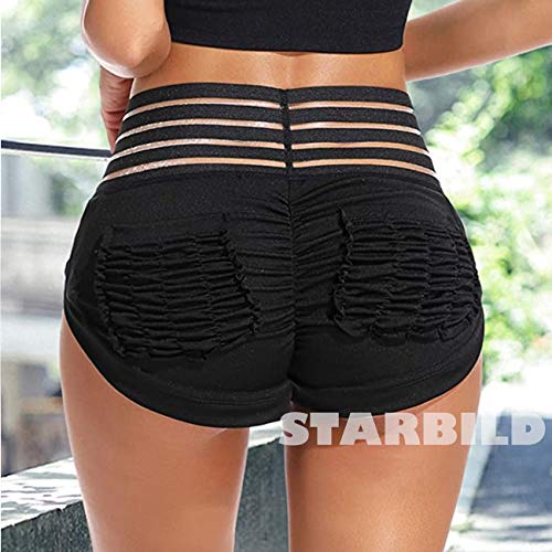 STARBILD Shorts Pantalones Cortos Deportivos Cintura Alta Elástica para Push UP Control de Barriga para Mujer Yoga Diario Correr Fitness Negro-1 XL