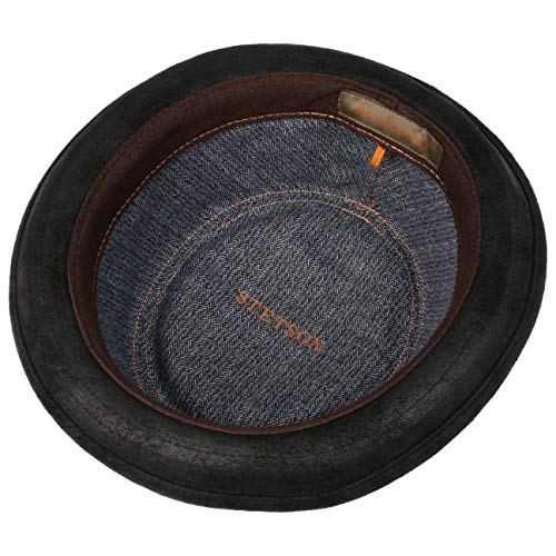 Stetson Pennsylvania Pigskin Porkpie Sombrero de Cuero de Hombre - Sombrero de Cuero de porcino - Pork Pie con Forro - Fedora en Look Desgastado Verano/Invierno Negro XL (60-61 cm)