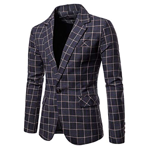 STRIR Trajes Hombre Chaquetas Raya a Cuadros Casual Un Botón Apto Fit Suit Traje Blazer Abrigo Tops Fiesta Chaqueta Esmoquin Estampada Manga Larga Cardigan (XL, Gris)