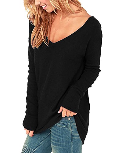 Style Dome Jerseys Mujer Largos Cuello V Manga Sudadera Casual Tops Blusa Camiseta Pull-Over Suéter Negro S