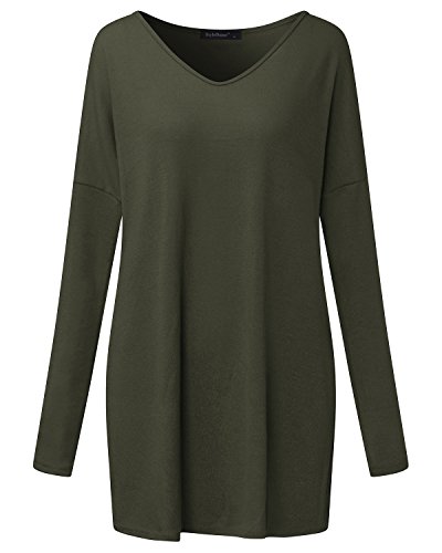 Style Dome Jerseys Mujer Largos Cuello V Manga Sudadera Casual Tops Blusa Camiseta Pull-Over Suéter Verde Militar M