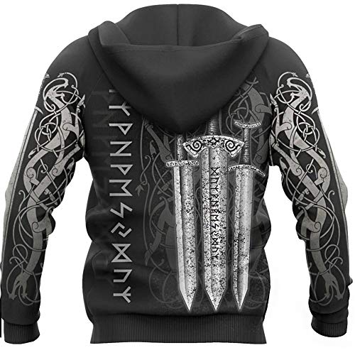 Sudadera con Capucha y Cremallera Para Hombre Estampado Digital 3D Viking Odin Realistic Tattoo Runes Sudadera Ligera, Vintage Harajuku Manga Larga Bolsillos Celtic Pagan Casual Chándal,Zip white,L