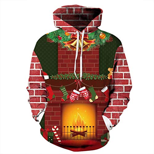 Sudadera con Capucha y Estampado Digital, Fresco Unisex de Manga Larga Sudadera 3D Digital Print Chimenea de Navidad Patrón de La Moda de La Personalidad Outwear Grandes Bolsillos