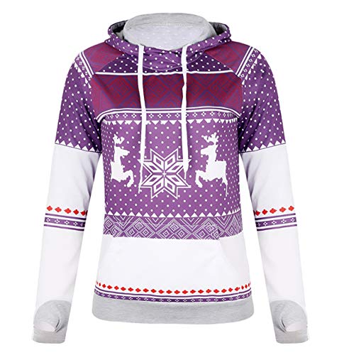 Sudadera Navidad con Capucha Mujer Sudaderas Navideñas Estampadas Jersey Navideño Sueter Reno Sweaters Pullover Hoodies Largas Chica Oversize Anchas Deporte Larga Invierno Personalizadas Morado L