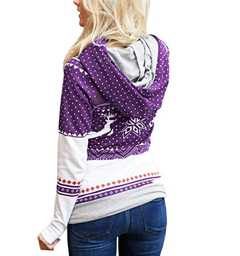 Sudadera Navidad con Capucha Mujer Sudaderas Navideñas Estampadas Jersey Navideño Sueter Reno Sweaters Pullover Hoodies Largas Chica Oversize Anchas Deporte Larga Invierno Personalizadas Morado L