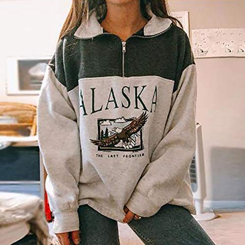 Sudadera para Mujer Alaska Letra Impresión Suelta Casual Manga Larga Hip Hop Alto Cuello Redondo Cremallera Águila Gráfico Jerseys Pullover Top (Verde-Estampado Animal, S)