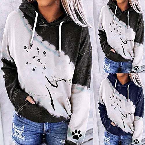 Sudadera para mujer con capucha, estampado de gato, bonita, sudadera de algodón de manga larga con cordón deportivo casual Tops Blusa 2021 azul S