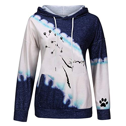 Sudadera para mujer con capucha, estampado de gato, bonita, sudadera de algodón de manga larga con cordón deportivo casual Tops Blusa 2021 azul S