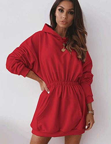 Sudaderas con Capucha Mujer Manga Larga Jersey Larga Casual Vestidos Sudadera Vestidos Hoodie Jersey Larga con Bolsillos Rojo L