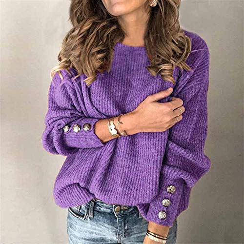 Suéter de Manga Larga cálido con Cuello Redondo y Color sólido de Moda para Mujer(Violeta-578,XL)