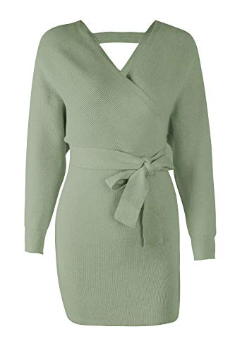 Suéter Mujer Vestido de Punto Elegante Backless Cuello en V Manga Larga Mini Vestido con cinturón (Verde, M)