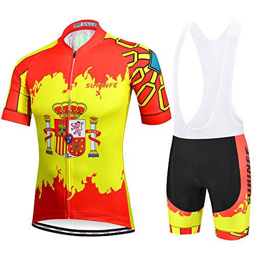 SUHINFE Traje Ciclismo Hombre para Verano, Ciclismo Maillot y Culotte Ciclismo Culote Bicicleta con 7D Gel Pad para Deportes al Aire Libre Ciclo Bicicleta, Bandera de España, S