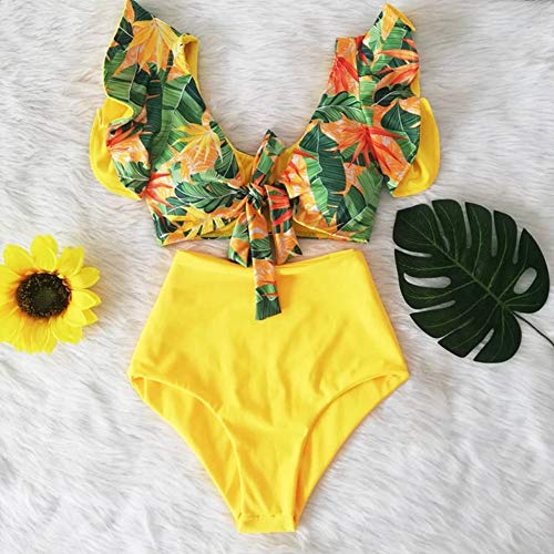 Summerwindy Bikinis Sexis de Cintura Alta, Traje de BaaO para Mujer, Trajes de BaaO con Volantes en el Hombro, Ropa de Playa, Biquini Push Up para Mujer L