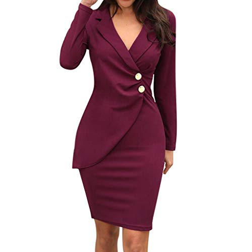 SUNNSEAN Vestido Fiesta Mujer Corto Elegante Vestido De Manga Larga con Cuello Vuelto Liso para Mujer Vestido Formal Botones Trabajo Bodycon Casaul Vestido Ajustado De Negocio (XL, Vino)