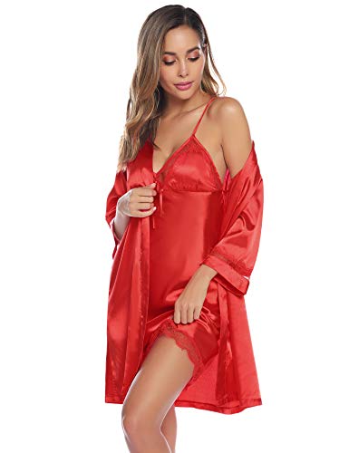 Sykooria Bata Kimono Mujer, 2 Piezas Seda Satén Corto Kimono Bata Pijama Vestido de Encaje Conjunto de Lencería Albornoz Vestido de Dama de Honor de Camisón