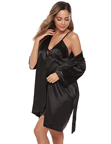 Sykooria Bata Kimono Mujer, 2 Piezas Seda Satén Corto Kimono Bata Pijama Vestido de Encaje Conjunto de Lencería Albornoz Vestido de Dama de Honor de Camisón