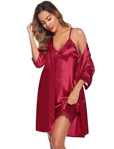 Sykooria Bata Kimono Mujer, 2 Piezas Seda Satén Corto Kimono Bata Pijama Vestido de Encaje Conjunto de Lencería Albornoz Vestido de Dama de Honor de Camisón