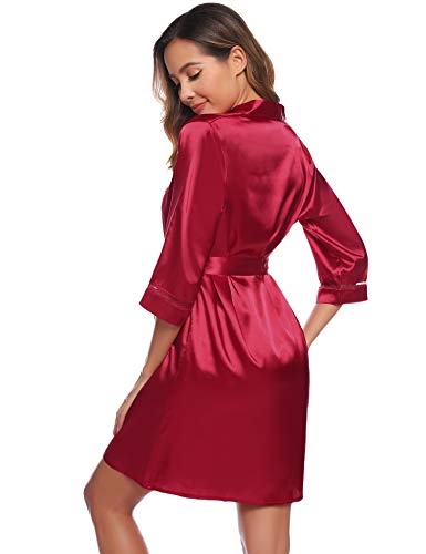 Sykooria Bata Kimono Mujer, 2 Piezas Seda Satén Corto Kimono Bata Pijama Vestido de Encaje Conjunto de Lencería Albornoz Vestido de Dama de Honor de Camisón