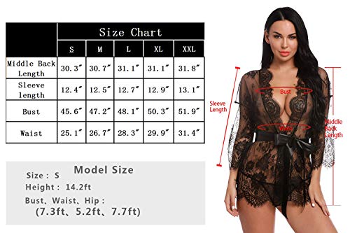 Sykooria Conjunto de Lencería Sexy Bata de Encaje Babydoll Kimono Ropa de Dormir Escote en V Profundo Camisón Camisón Ropa de Dormir Suave