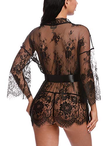 Sykooria Conjunto de Lencería Sexy Bata de Encaje Babydoll Kimono Ropa de Dormir Escote en V Profundo Camisón Camisón Ropa de Dormir Suave