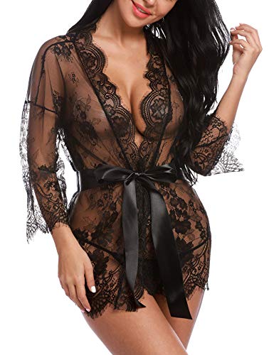 Sykooria Conjunto de Lencería Sexy Bata de Encaje Babydoll Kimono Ropa de Dormir Escote en V Profundo Camisón Camisón Ropa de Dormir Suave