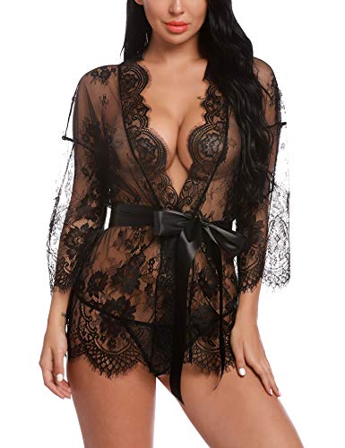 Sykooria Conjunto de Lencería Sexy Bata de Encaje Babydoll Kimono Ropa de Dormir Escote en V Profundo Camisón Camisón Ropa de Dormir Suave