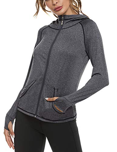 Sykooria Sudadera con Capucha Mujer Otoño Invierno Chaqueta Cálida Mujer Deportes Chaqueta Transpirable de Manga Larga con Cremallera para Correr Fitness-Gris Oscuro-L