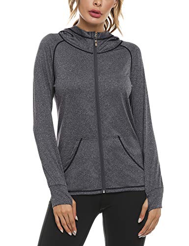 Sykooria Sudadera con Capucha Mujer Otoño Invierno Chaqueta Cálida Mujer Deportes Chaqueta Transpirable de Manga Larga con Cremallera para Correr Fitness-Gris Oscuro-L