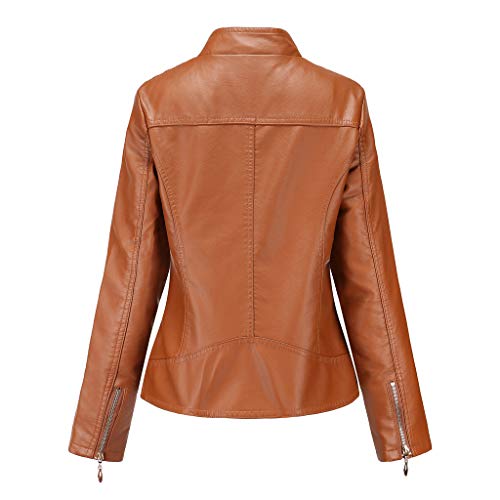 Sylar Chaqueta Moto Mujer, Chaquetas De Cuero Mujeres Slim Fit Cuello Alto Chaqueta De Motociclista con Cremallera Marrón Chaqueta Biker De Cuero para Mujer Chaquetas Bomber Mujer Moda Mujer Abrigos