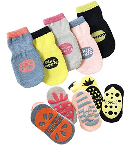 T WILKER 5 Pares de Calcetines Antideslizantes para Niños Pequeños, Bonitos Calcetines Antideslizantes con Estampado de Frutas para Niños y Niñas Recién Nacidos para Bebés de 0 a 5 Años (0-12 mes)