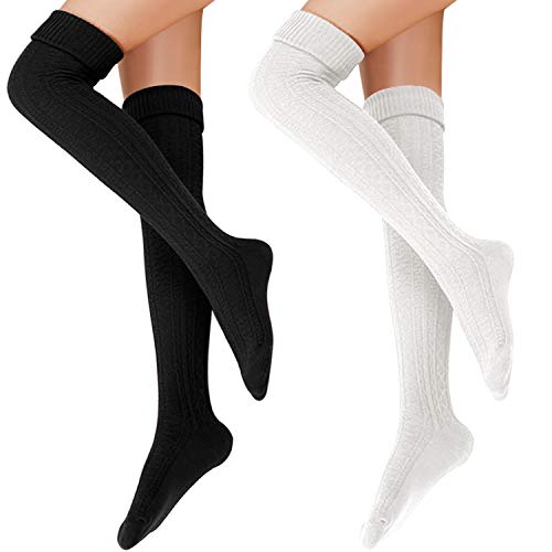 Tacobear 2 Pares Calcetines Altos Muslo Mujer Calcetines Largos Sobre la Rodilla Muslo Calcetines Invierno Caliente Algodón Calcetines la Rodilla para Mujer Niña (negro + blanco)