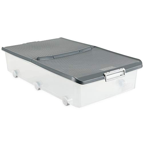 Tatay Caja de Almacenamiento Multiusos bajo Cama Ruedas 63 l de Capacidad plástico Polipropileno Libre de bpa Transparente con Tapa, Gris, 45 x 77 x 18 cm