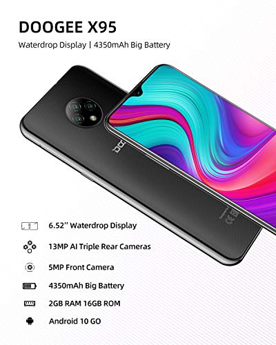 Teléfono Móvil Libres, DOOGEE X95 Android 10 Smartphone Libre, 4G Smartphone Barato Dual SIM, Pantalla 6,52 Pulgadas, 4350mAh Batería, Triple Cámara 13MP+5MP, 16GB ROM, 128GB SD, Face ID - Negro