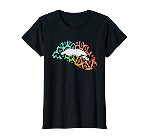 Tengyuntong Camisetas y Tops Polos y Camisas, Camiseta con Estampado de Leopardo de Labios morder Labios Trendy Lips Rainbow Colors