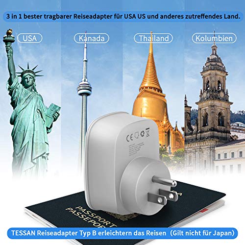 TESSAN Adaptador Enchufe USA Americano Adaptador de Viaje con 2 USB (2.4A), Español 2 Patas Europa hacia 3 Pata EEUU para Canada Mexico Tailandia Colombia（Tipo B） Blanco, Adaptador Enchufe Americano