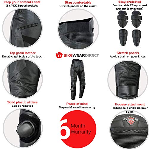 Texpeed Pantalones de motorista para hombre con rodilleras - Cuero vacuno - Negro - Todas las tallas - W36 L30