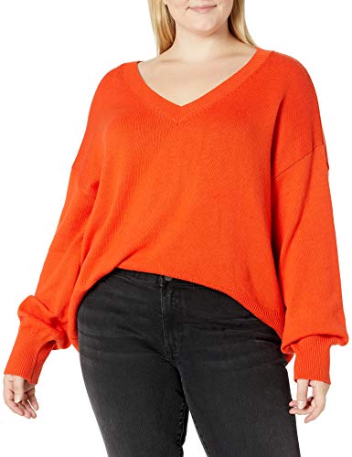 The Drop Lisa Suéter amplio suave de cuello de pico ancho, Naranja, XL