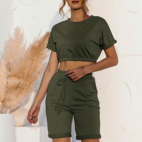 Timagebreze Top Corto de Manga Corta con Cuello Redondo + Pantalones Cortos de Cintura EláStica Conjunto de 2 Piezas para Mujer CháNdales Ajustados Informales SóLidos Verde Militar XL