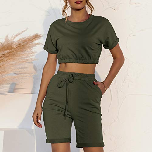 Timagebreze Top Corto de Manga Corta con Cuello Redondo + Pantalones Cortos de Cintura EláStica Conjunto de 2 Piezas para Mujer CháNdales Ajustados Informales SóLidos Verde Militar XL