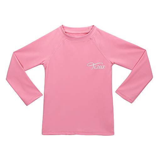 TIZAX Traje de baño con UPF 50+ protección Solar Camiseta UV de Manga Larga para niñas Rashguard para Surf/Nadando/Buceo/Playa Rosa Rosado 128