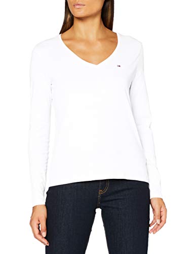 Tommy Jeans TJW Jersey V Neck Longsleeve Camisa, Blanco, M para Mujer