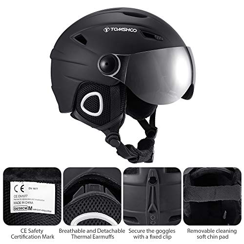 TOMSHOO Casco de esquí, Casco de Seguridad Certificado Esquí Profesional Snowboard Casco de Deportes de Nieve Orejera Desmontable Gafas integradas/Sin Gafas